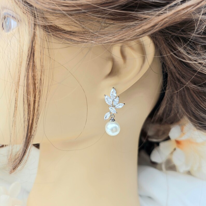 10MM Round Pearl Necklace Leaf with Pearl Dangle Earring. Bridal Jewelry Set. Bridesmaid Jewelry Set. Pearl Jewelry Set. image 6