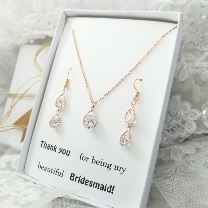 Double Tearl Drop Earring.Rose Gold Necklace and Earring Set. Clear Tearl Drop Necklace Rose Gold Clear Necklace and Earring Set