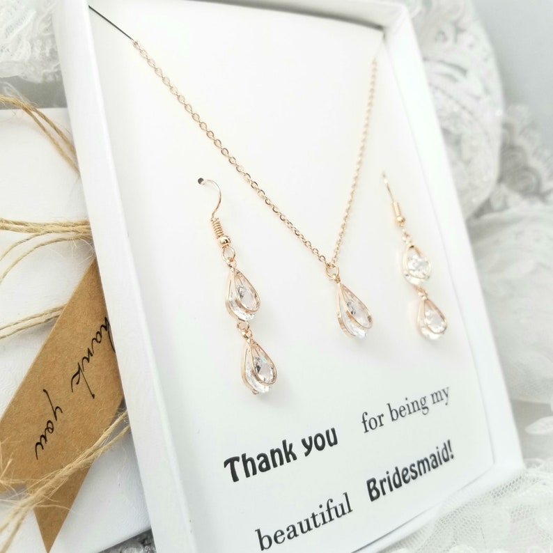 Double Tearl Drop Earring.Rose Gold Necklace and Earring Set. Clear Tearl Drop Necklace Rose Gold Clear Necklace and Earring Set