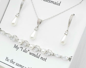 Minimalist Teardrop Necklace, Earring, Bracelet 3Set. Bridesmaid Jewelry Set. Bridal Jewelry Set. Teardrop Pearl 3 Set- Gold, Silver