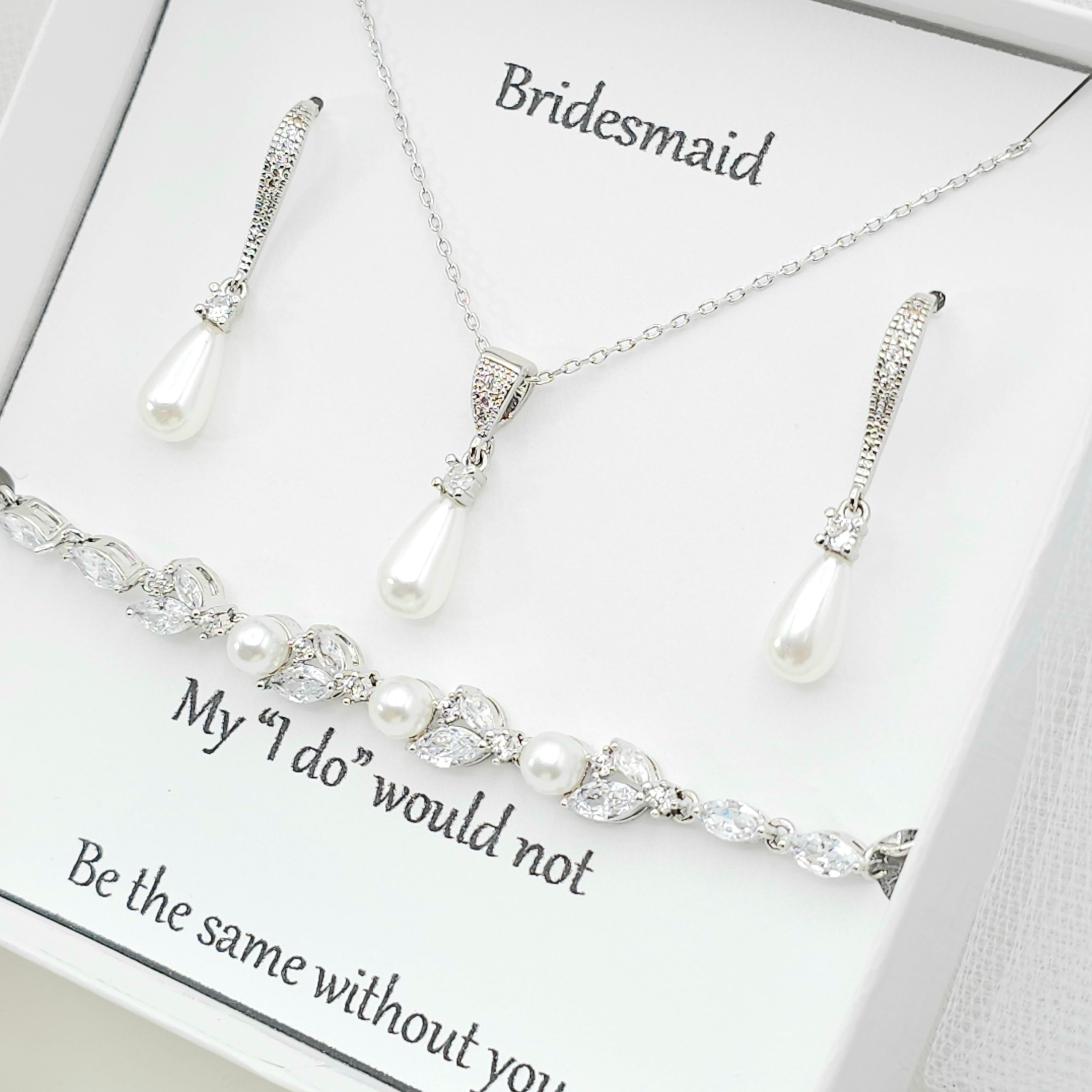 Minimalist Teardrop Necklace, Earring, Bracelet 3Set. Bridesmaid…