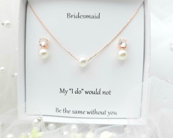 ROSE GOLD 8mm Pearl Necklace and Tiny Cubic With 8mm Pearl Stud Earring Set. Bridesmaid jewelry Set. Bridal Jewelry set.