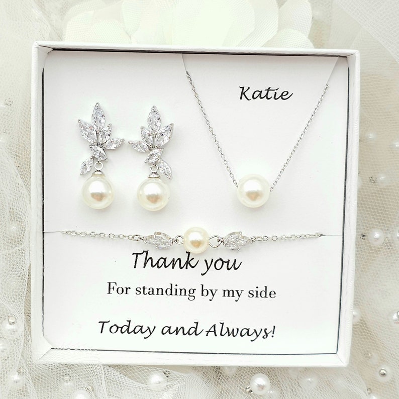 10MM Round Pearl Necklace Leaf with Pearl Dangle Earring. Bridal Jewelry Set. Bridesmaid Jewelry Set. Pearl Jewelry Set. image 2