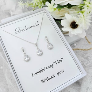 Bridesmaid Teardrop necklace & Earring Set.CZ Teardrop Necklace and Earring Set. Flower Girl Gift. Silver Teardrop Necklace And Earring