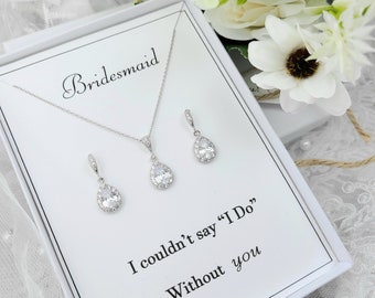 Bridesmaid Teardrop necklace & Earring Set.CZ Teardrop Necklace and Earring Set. Flower Girl Gift. Silver Teardrop Necklace And Earring