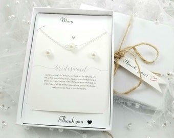 Bridesmaid Pearl Necklace and  925 Ear Post Stud Earring Set. Silver Pearl Earring Set. Bridesmaid Pearl Necklace Set