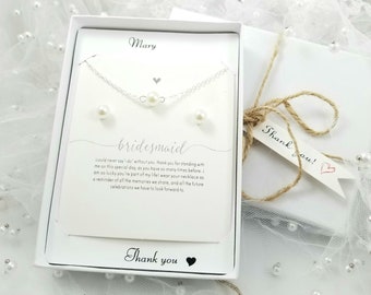 Bridemaid Pearl Necklace and  Stud Earring Set. Silver Pearl Earring Set. Bridesmaid Pearl Necklace Set