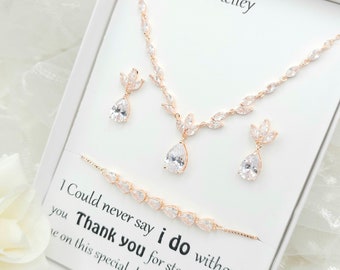 ROSE GOLD Tiny Teardrop Necklace,Earring, Bracelet Set. GOLD Bridesmaid Jewelry Set. Bridal Jewelry Set. Wedding Necklace set.-2Color