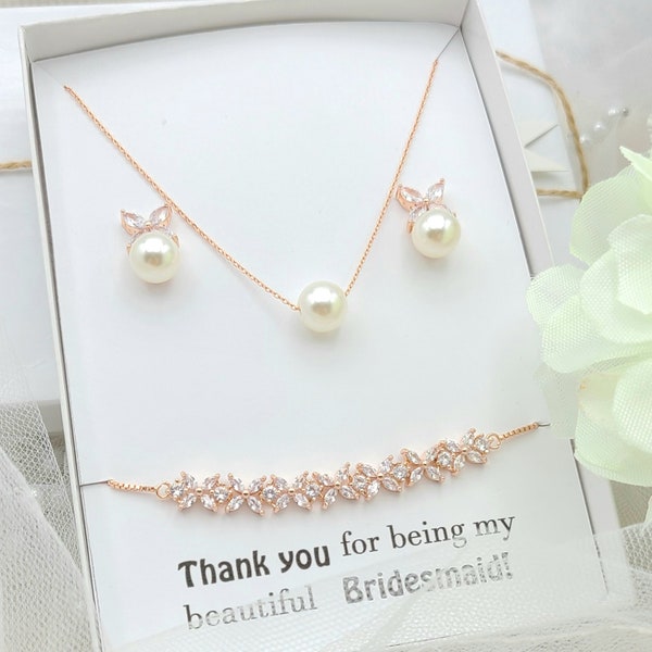 leaf Pearl Necklace & Earring and Bracelet 3Set. Bridesmaid  Rose gold Pearl Necklace and Earring. Bridesmaid pearl necklace Set.