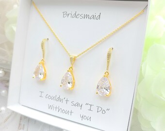 Gold Cubic Zirconia Tear Drop necklace & Earring Set . Clear Teardrop Necklace and Earring Bridesmaid  Gift.