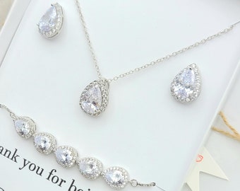 Single  Teardrop Necklace and Earring , Bracelet 3Set.  Silver Single Teardrop Necklace ,Earring , Bracelet Set.
