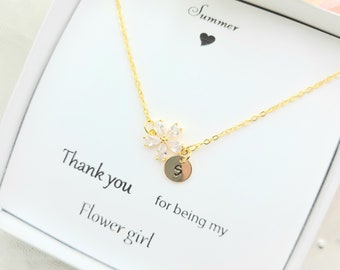 Flower Girl Gift. Flower Girl Necklace. Cram Color Daisy Flower with Initial Disk Necklace. Bridesmaid Necklace.