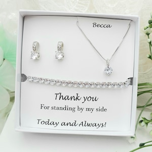 925 Silver Necklace with Cubic Zirconia Square Earring, Bracelet.  Bridesmaid Jewelry Set. Bridal Jewelry Set.
