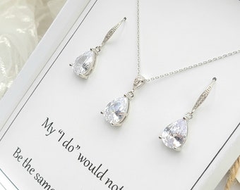 Silver Cubic Zirconia Tear Drop necklace & Earring Set . Silver Clear Teardrop Necklace and Earring set . Silver Teardrop necklace ,earring