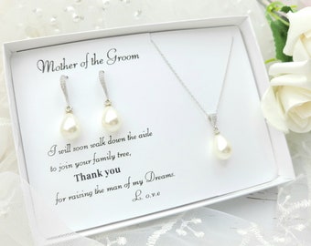 Collar de madre del novio, juego de pendientes. Collar de madre de la novia, juego de pendientes. Conjunto de joyas de perlas plateadas y oro rosa de 12 mm.