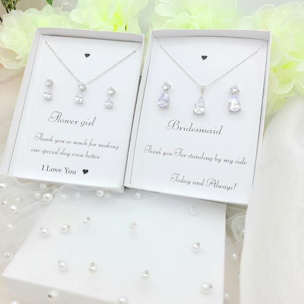 Cubic Zirconia Teardrop Necklace and Earring Set. Tiny Flower Girl Teardrop Necklace ,earring Set. Bridesmaid Teardrop Necklace Earring set.