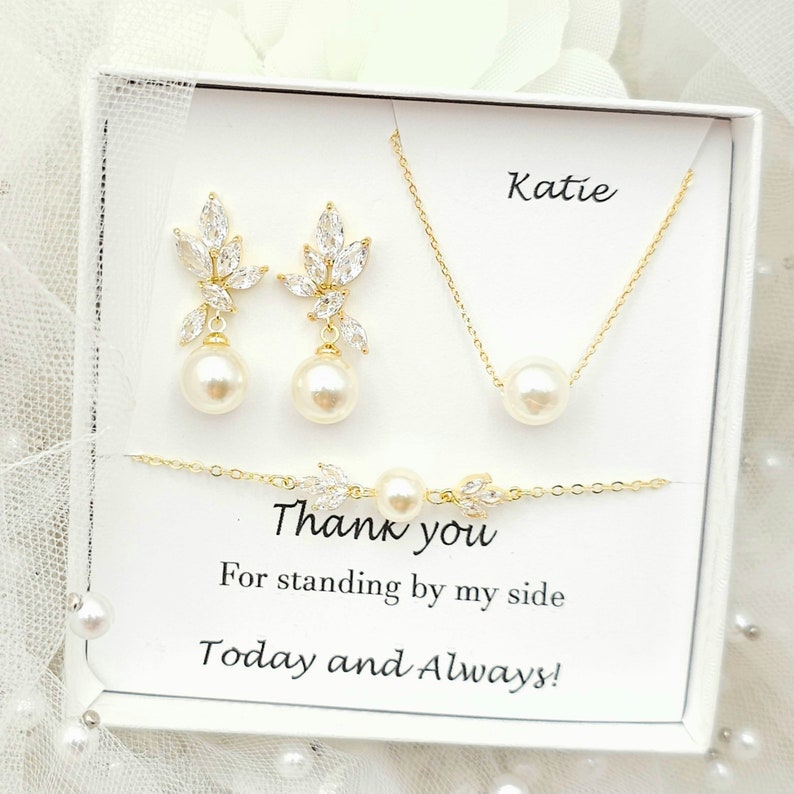 10MM Round Pearl Necklace Leaf with Pearl Dangle Earring. Bridal Jewelry Set. Bridesmaid Jewelry Set. Pearl Jewelry Set. image 3