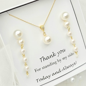Drop of Pearls Earring & Necklace Set. Bridesmaid Pearl Jewelry Set. Bridal Jewelry Set. Gold, Silver Pearl Earring, Necklace Set.