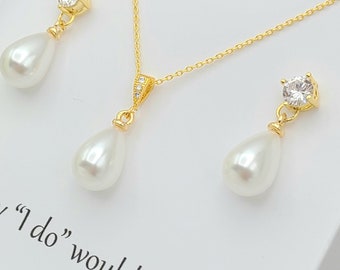 12MM Pearl Teardrop Earring and Necklace Set. Cubic Zirconia Stud Earring with Teardrop Earring and Necklace Set. Bridesmaid , Mom gift.