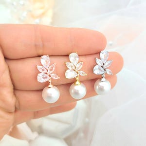 Elegance Teardrop Pearl Earring . Cubic Zirconia Teardrops with Round Pearl Earring. Bridesmaid Earring. Wedding Earring-3Colors
