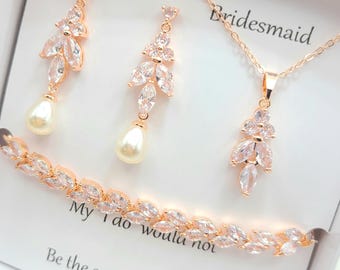 10MM Teardrop Pearl with leaf Earring, Necklace, Bracelet 3set   Bridesmaid Jewelry Set. Bridal Jewelry. Wedding Earring.-2Colors