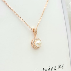 CZ  Rose Gold Round Pearl Necklace. Pearl Round Necklace. Elegant Pearl Necklace. CZ Round with Pearl Necklace. Bridesmaid necklace gift.