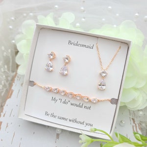 Cubic Zirconia Double Teardrop Necklace and Earring Set. Rose Gold Double Teardrop Necklace ,earring Set. Bridesmaid Gift ,Flower girl Gift.