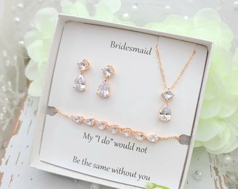 Cubic Zirconia Double Teardrop Necklace and Earring Set. Rose Gold Double Teardrop Necklace ,earring Set. Bridesmaid Gift ,Flower girl Gift.