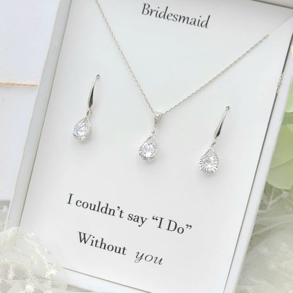 925 Silver Earring Hook with  Clear Teardrop Dainty Chain Necklace & Earring Set. ROSE GOLD, Silver, Gold Bridesmaid Gift Set- 3 Colors