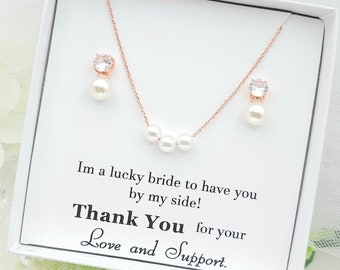 ROSE GOLD 8mm Pearl Necklace and Tiny Cubic With 8mm Pearl Stud Earring Set. Bridesmaid jewelry Set. Bridal Jewelry set.