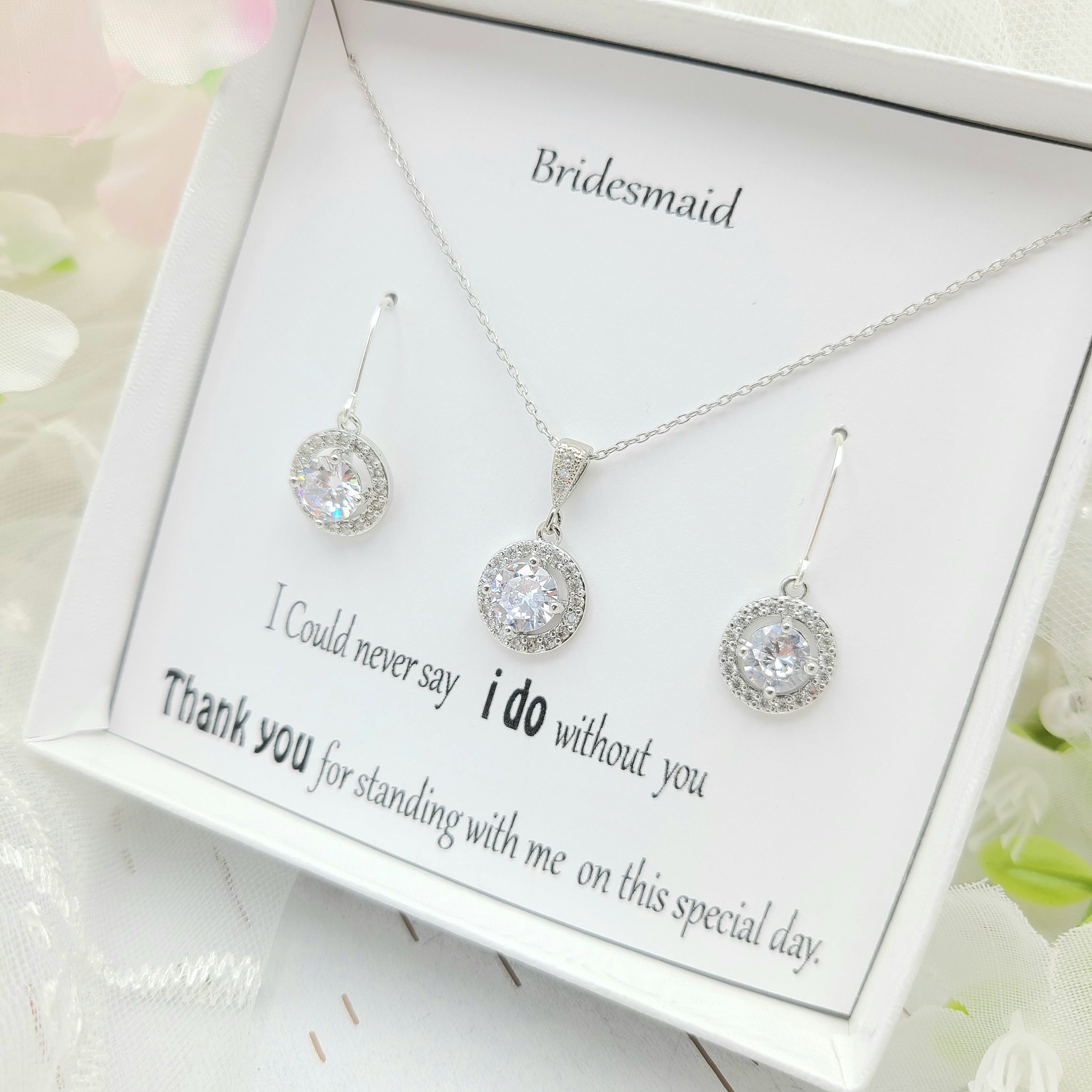 Sterling Silver Cubic Zirconia Jewelry Set - 7mm Solitaire Necklace & 5mm Stud Earrings With Rose Gold Flash