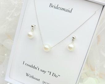 10MM ,8MM Round Pearl Dangle Necklace Earring Set. 4mm Stud Ball  with 10MM , 8MM  Pearl Necklace Dangle Earring  Set. Bridesmaid gift.