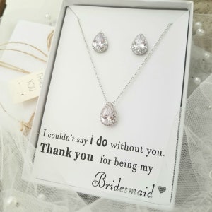 Bridesmaid Tearl Drops Earring and  Necklace Set. Bridesmaid CZ Tears Drops Study Earring.
