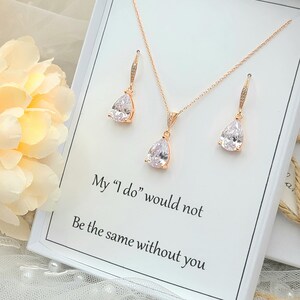 Rose gold  Cubic Zirconia Tear Drop necklace & Earring Set . Rose gold Clear Teardrop Necklace and Earring set . Bridesmaid  Gift.