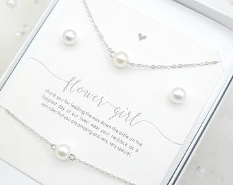 Conjunto de collar, pendientes y pulsera para niña de las flores. Conjunto de collar y pendientes de perlas para niña de las flores. Regalo para niña de las flores. - 2 colores