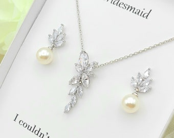 10MM Pearl Dangle With Leaf Earring & Leaf Necklace Set. Silver Leaf Necklace, Earring Set. Pearl Dangle Earring.