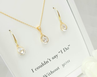 925 Sterling Gold Clear Teardrop Necklace & Earring Set. ROSE GOLD, SILVER Clear Teardrop Dainty Chain Necklace and Earring Set. -3 Colors