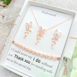 Rose Gold Leaf Necklace & Earring,Bracelet Set. Rose Gold Cubic Zirconia Necklace and Earring Set. Bridesmaid Jewelry Set.