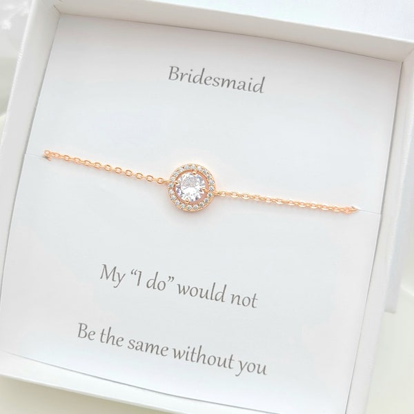 Rose gold  Halo Bridesmaid Bracelet , CZ Bridesmaid Bracelet, Round CZ Bracelet. Silver Halo CZ Round with Tiny Chain Bracelet.