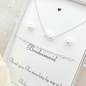 8mm,6mm Pearl With Dainty Necklace, Bracelet, 925 Ear Post Stud Earring 3Set.Silver, Gold, Rose gold Pearl Bridesmaid Jewelry Set. - 3Colors