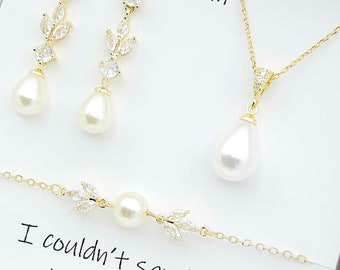 Gold, SILVER Leaf with 10MM Teardrop  Earring, Necklace, Bracelet 3Set. ROSE GOLD Bridesmaid Jewelry Set. Bridal Jewelry Set.-3colors