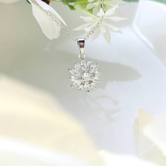 Cubic Zirconia Snow Flower Necklace. Silver Snow Flower Necklace 