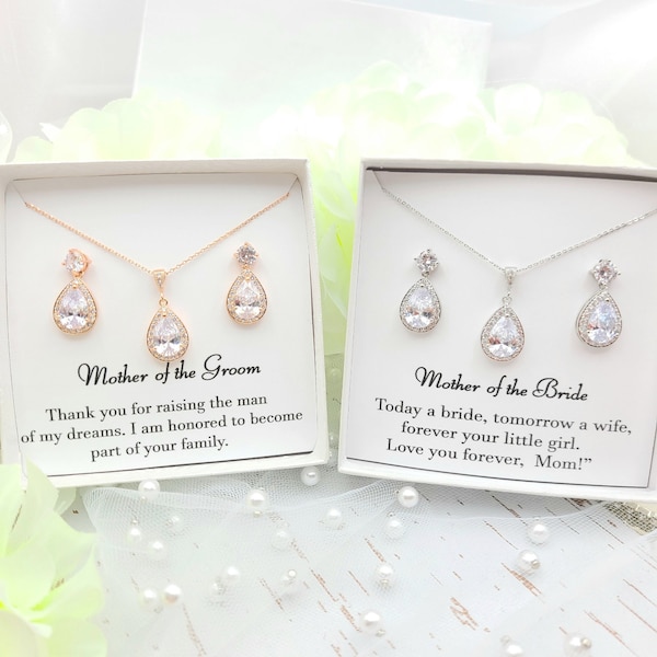 Mother of the Groom & Mother Of the Bride Jewelry Set. Rose gold Teardrop Necklace ,Earring Set.  Silver Bridesmaid Necklace, Earring Set.