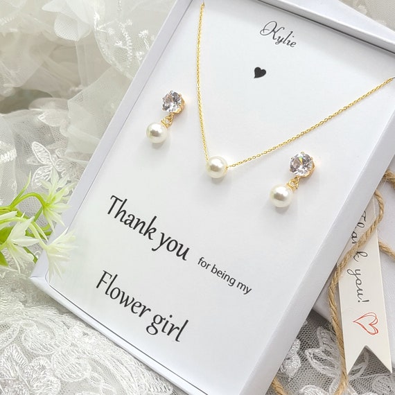 Gold 8mm Pearl Dangle Flower Girl Necklace Set.gold CZ Round 