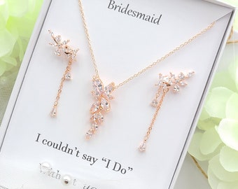 Cubic Zirconia Leaf Drop Earring & Necklace Set. 925 Silver post Small Teardrop Earring and Leaf Necklace Set. bridesmaid Gift Set.