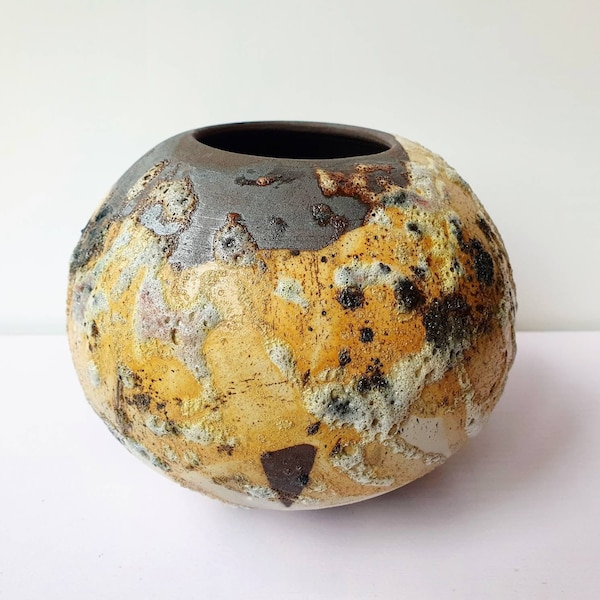 Large textured ceramic moon jar, round decorative vase in earthy black, white and orange tones. Handmade pottery from Clay by Design.