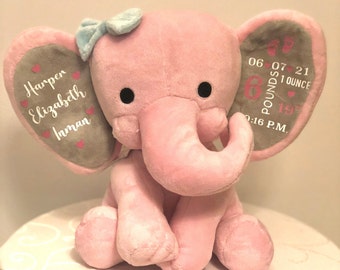 Estadísticas de nacimiento personalizadas elefante, anuncio de bebé de niña recién nacida perfecta o regalo de ducha, recuerdo de regalo de nacimiento, animal de peluche de estadísticas de nacimiento