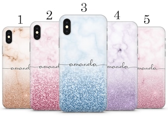 Personalised Initials your name printed marble stone glitter phone case cover For iPhone Samsung Huawei e11