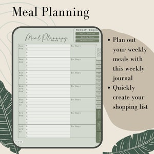 May include: A green and white printable meal planning journal with a weekly schedule, to buy list, workout schedule, tracker, progress notes, and recipes. The journal is titled "Meal Planning Week 2".