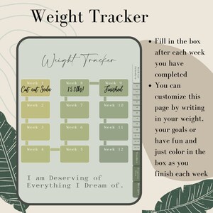 May include: A green and white weight tracker chart with 12 boxes for each week. The chart includes the text "Weight Tracker" and "I am Deserving of Everything I Dream of."